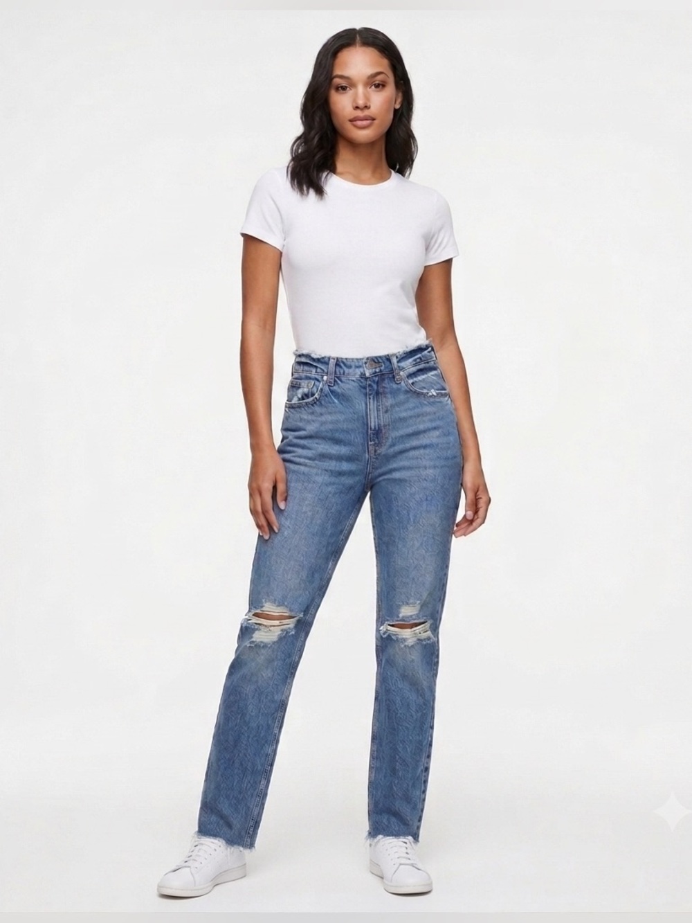Good American 90s Wide Leg Straight Jeans NWT 8/29 Distressed Raw Hem